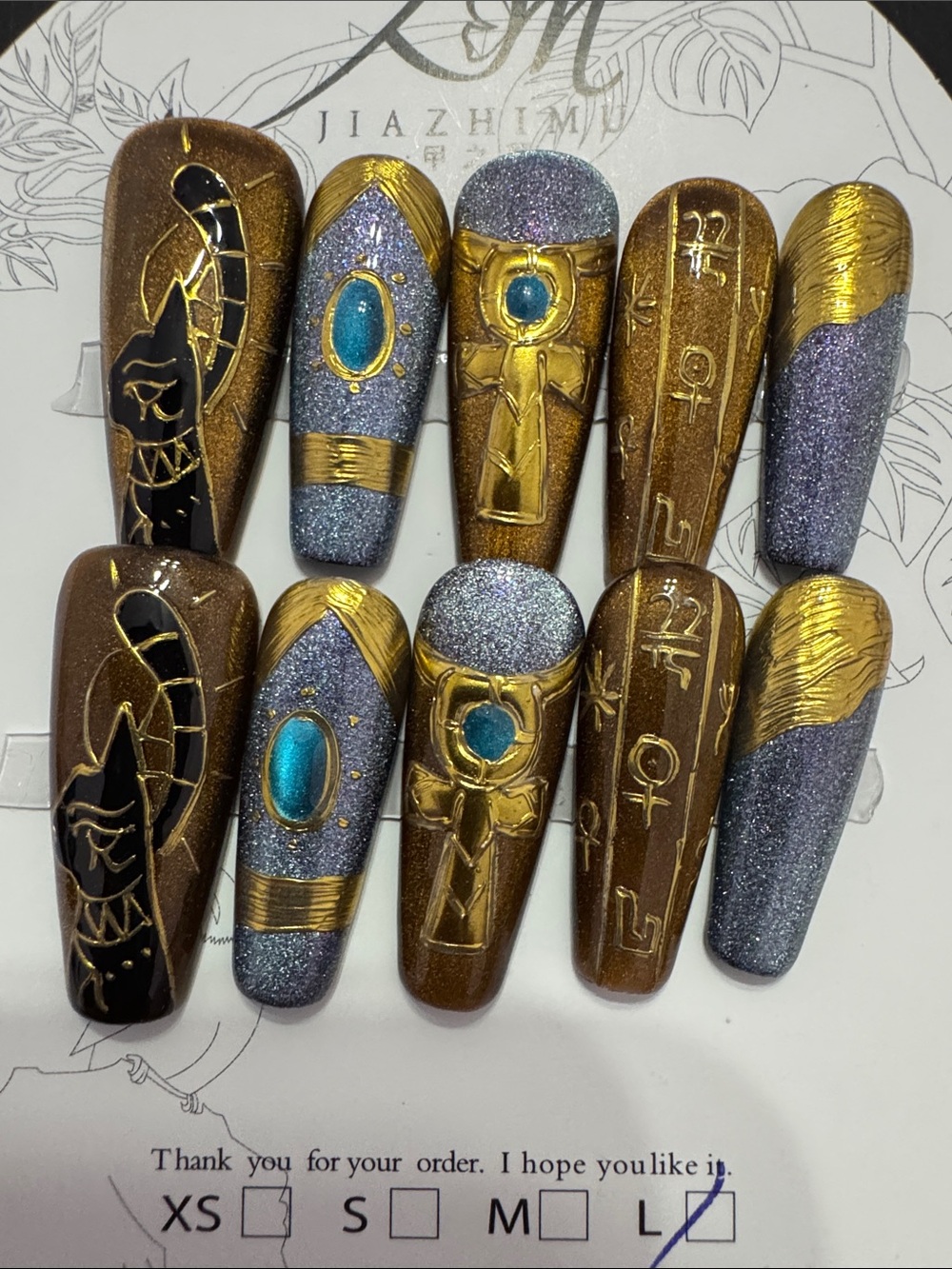 Egyptian Inspired Gold & Steel Blue Glitter Press-On Nail Set